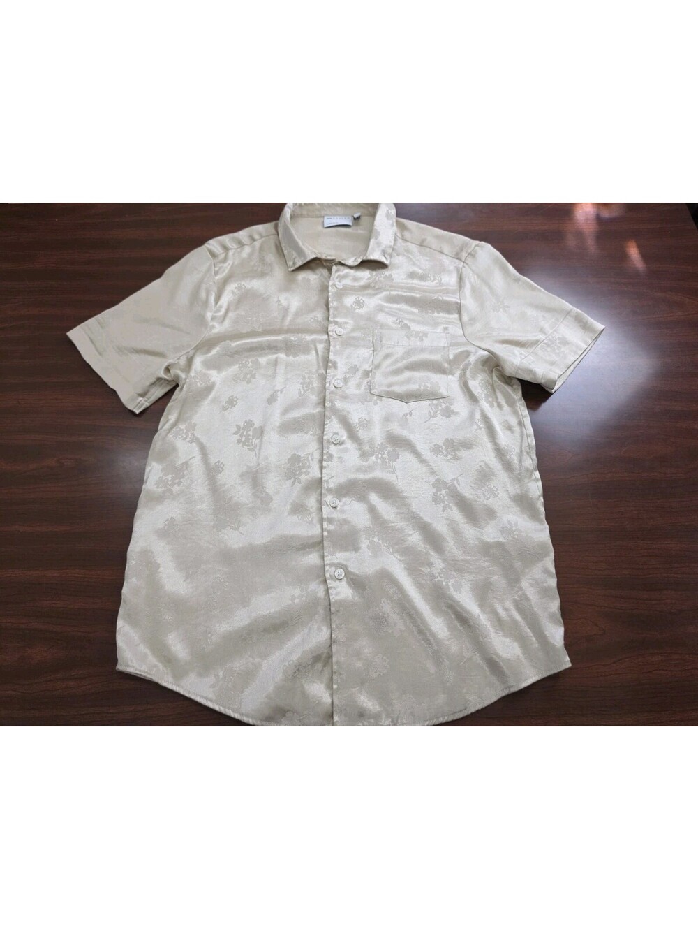 ASOS Design Satin Shirt Large Champagne Cream Floral Jacquard Mens Short Sleeve